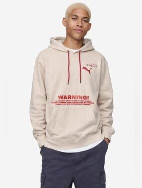 Puma Graphic Hoodie Men’s Small Beige Streetwear Warning Logo Pullover Spicy